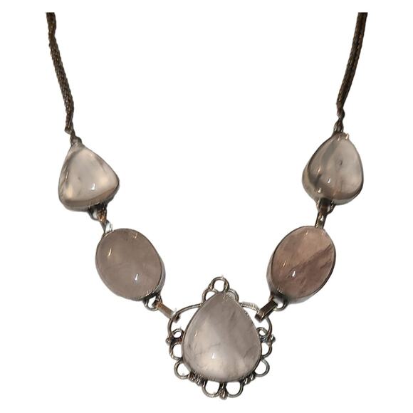 Vintage Silver Tone Pale Pink Translucent Quartz Cabochon Statement Necklace 16" - Picture 7 of 8